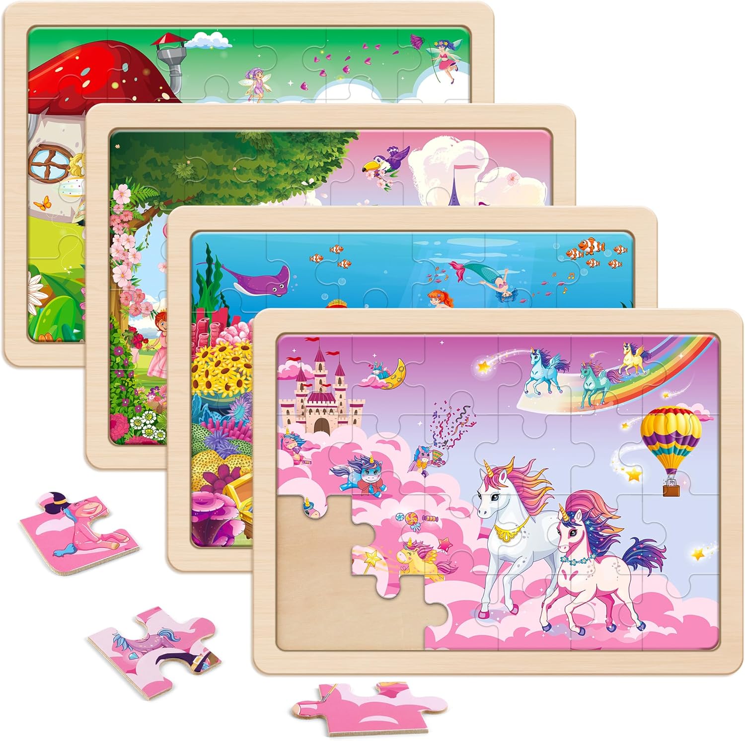 Large Unicorn Mermaid Princess Fairy Wooden Kids Puzzles 4 in 1 Gift Box(12.2 * 9.4 in) - FSC Certified, Wood Puzzles for Kids Ages 4-6, Toys Gifts for 3 4 5 Year Old Toddlers Girls