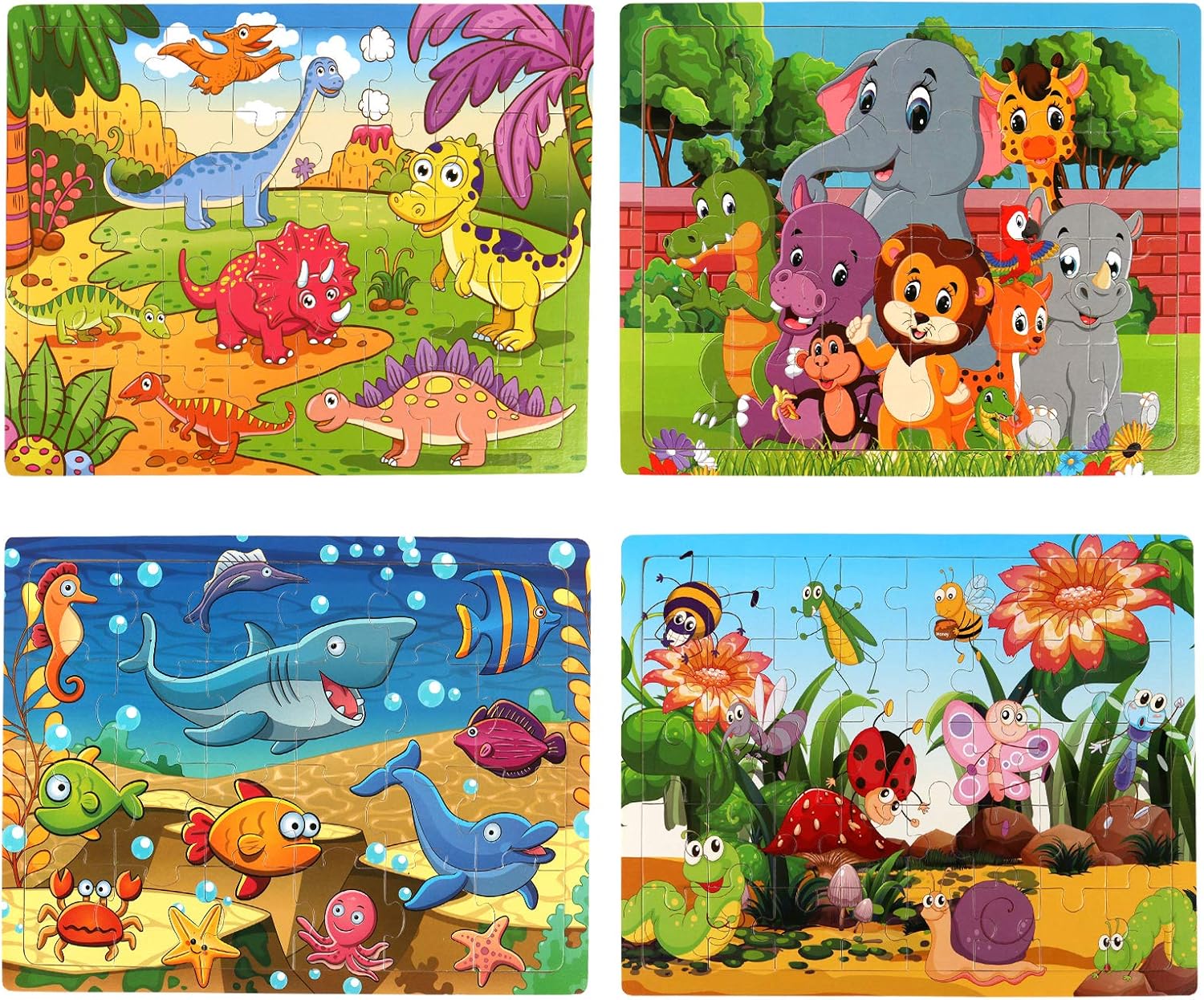 Wooden Jigsaw Puzzles for Kids Age 3-5 Year Old, 4 Pack 24-40 Pieces Preschool Educational Learning Toys Gift Set for Children Boys and Girls, Sea Life, Insects, Animals, Dinosaurs Themes