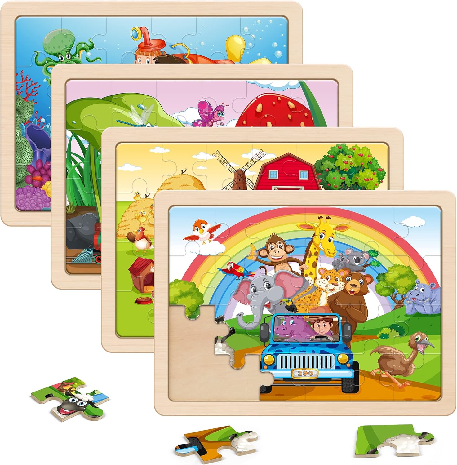 Large Animals Wooden Puzzles for Kids 4 in 1 Gift Box(12.2 * 9.4 in) - FSC Certified, Jigsaw Puzzles for Toddlers 3-5, Puzzles for Kids Ages 4-6, Wood Toys Gifts for 3 4 5 Year Old Boys Girls