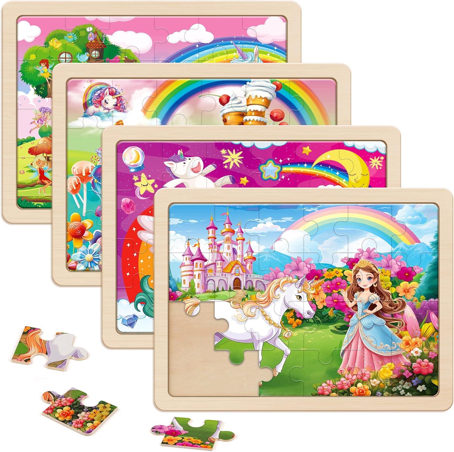 Large Unicorn Princess Fairy Wooden Puzzles for Girls Gift Box(12.2*9.4 in) - FSC Certified, 24 Pcs Puzzles for Kids Ages 4-6, Puzzles for Toddlers 3-5, Unicorn Toys Gifts for 3 4 5 Year Old