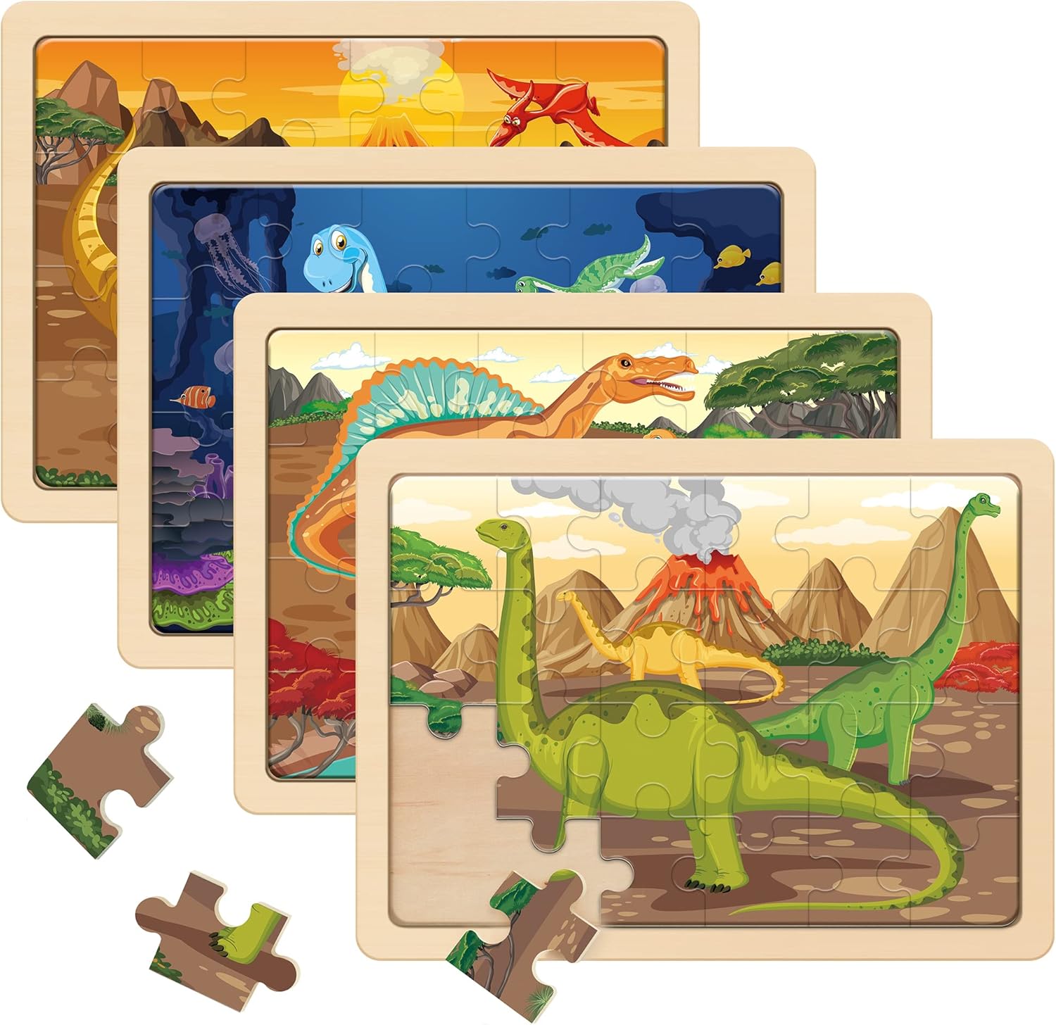 Large Dinosaur Wooden Puzzles for Kids 4 in 1 Gift Box(12.2 * 9.4 in) - FSC Certified, Jigsaw Puzzles for Kids Ages 4-6, Dinosaur Toys Gifts for 3 4 5 Year Old Boys Girls
