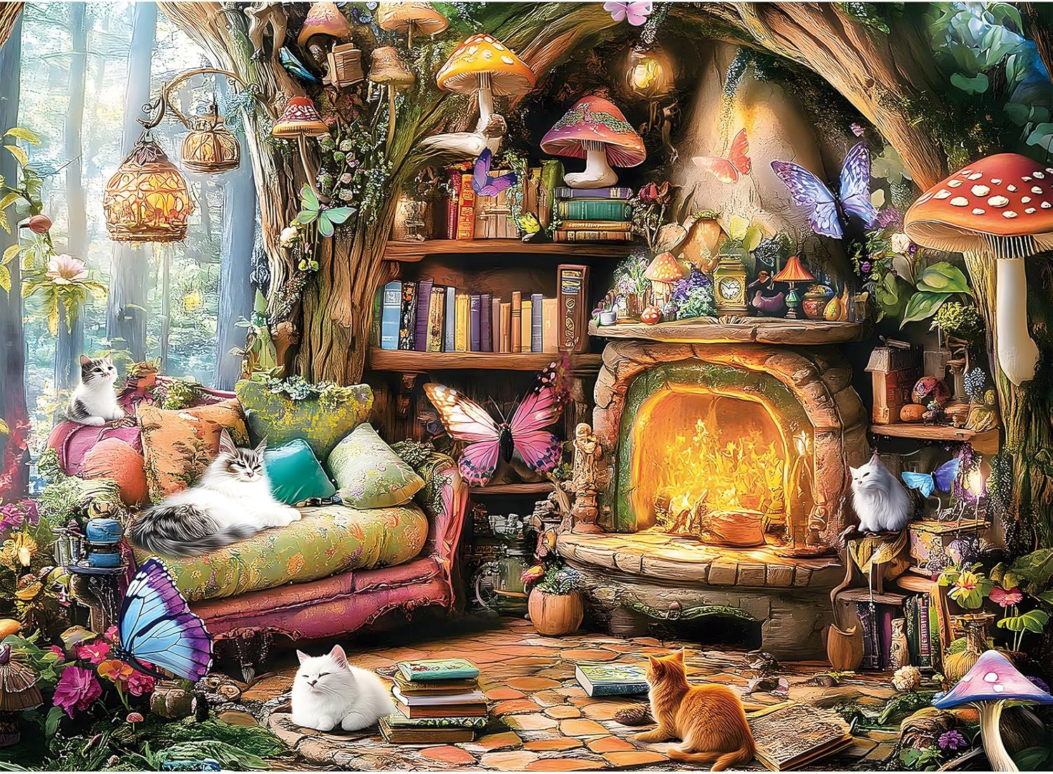 Jigsaw Puzzle 500 Pieces for Adults – Fantasy Forest Scene with Cats, Mushrooms & Butterflies – Challenging Game, Home Decor, Birthday Gift for Adults & Kids – 20.5 x 15 in