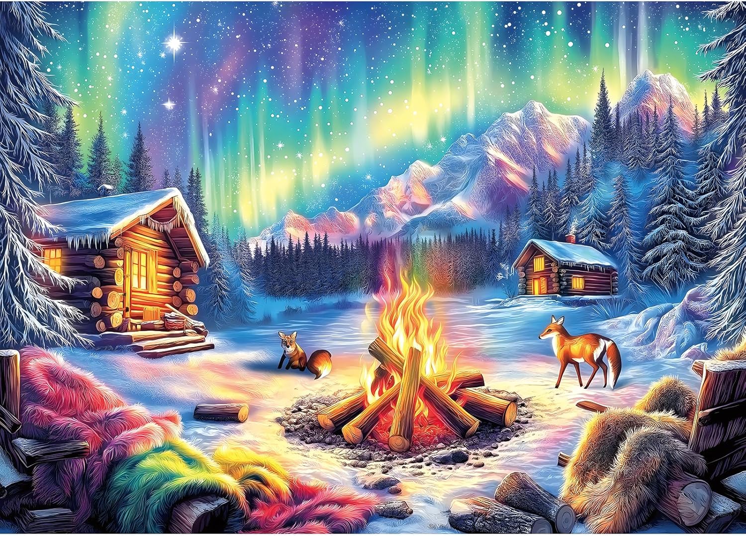 1000 Piece Jigsaw Puzzles for Adults, Northern Lights & Cozy Cabin Winter Bonfire - Impossible Challenging Difficult Puzzle with Aurora, Wildlife & Hygge Gift-Ready Art (27.5"x19.7")