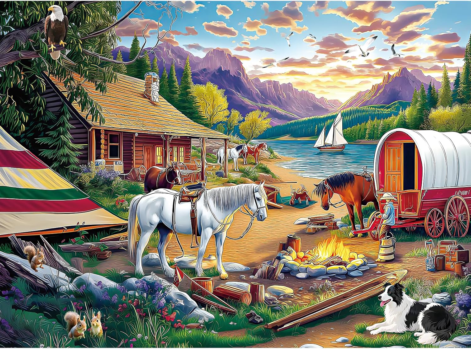 Jigsaw Puzzle, 500 Piece Jigsaw Puzzle for Adults Kids, Lakeside Camping Horse Dog Puzzle 500 Pieces, Birthday for Family Game Nights, Finished Size 20.5 x 15 in